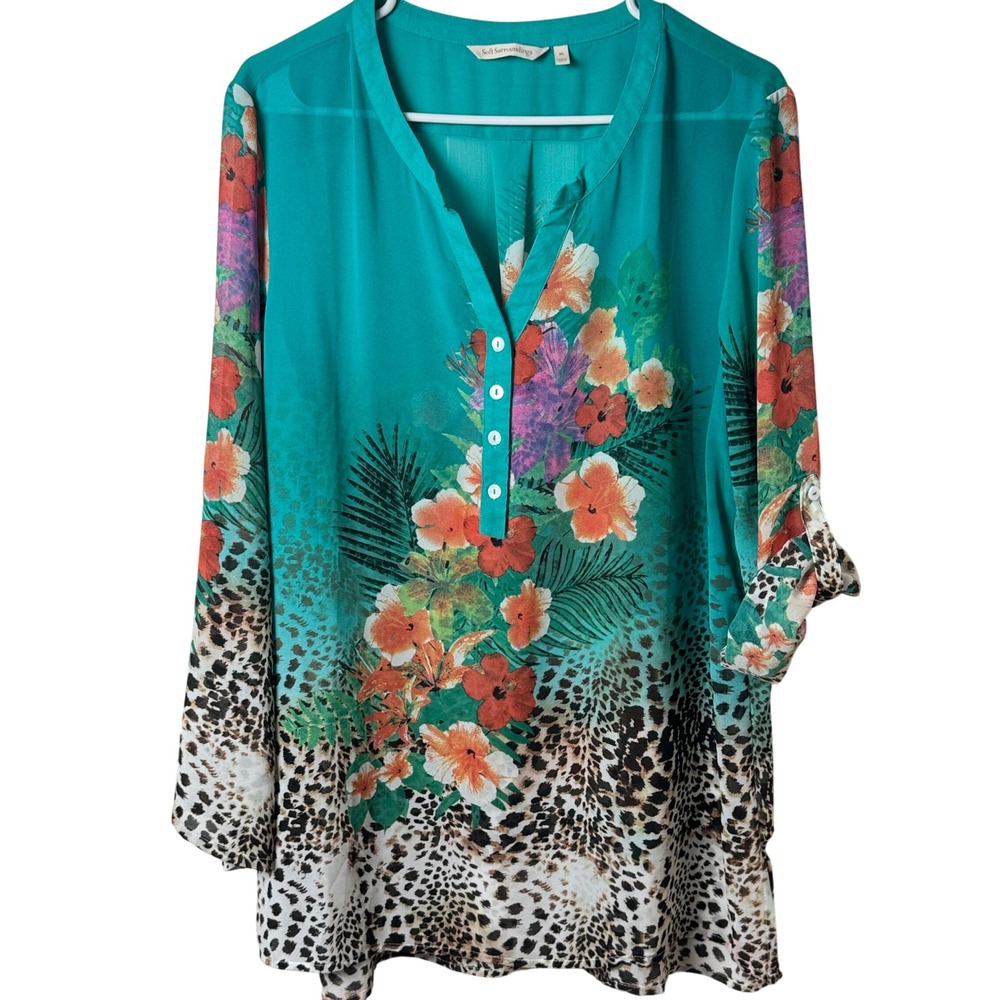 Soft Surroundings Tunic Women XL Teal Floral Leopard Print Roll Tab Sleeve